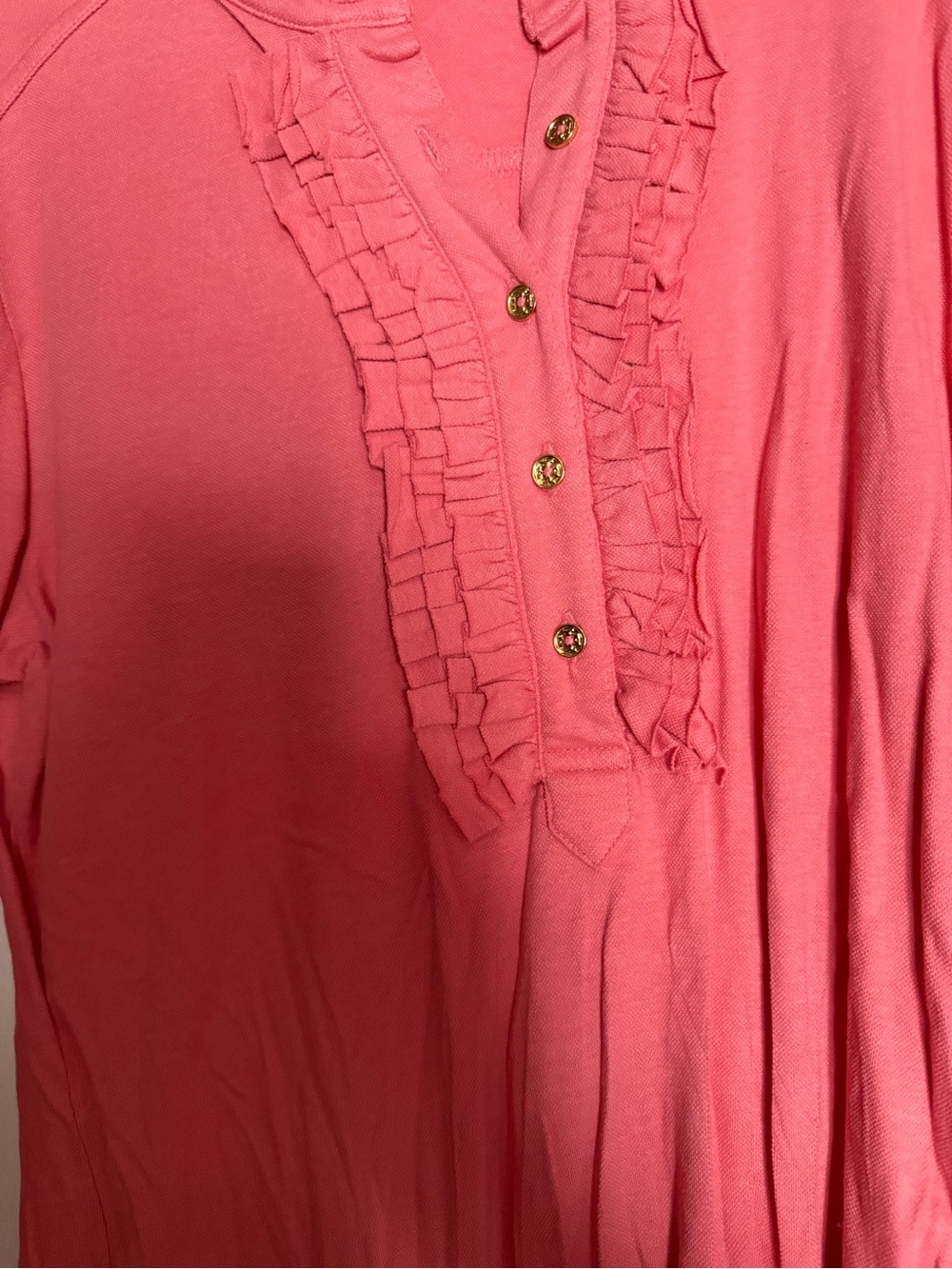 Tory Burch Coral Pink Ruffle-Trim Long Sleeve Polo Top